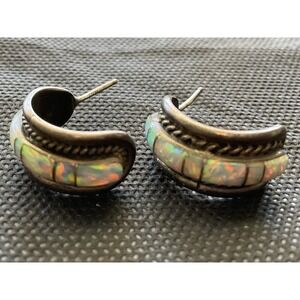 Vintage Native American Sterling Silver Opal Half Hoop Earrings Zuni Or Navajo